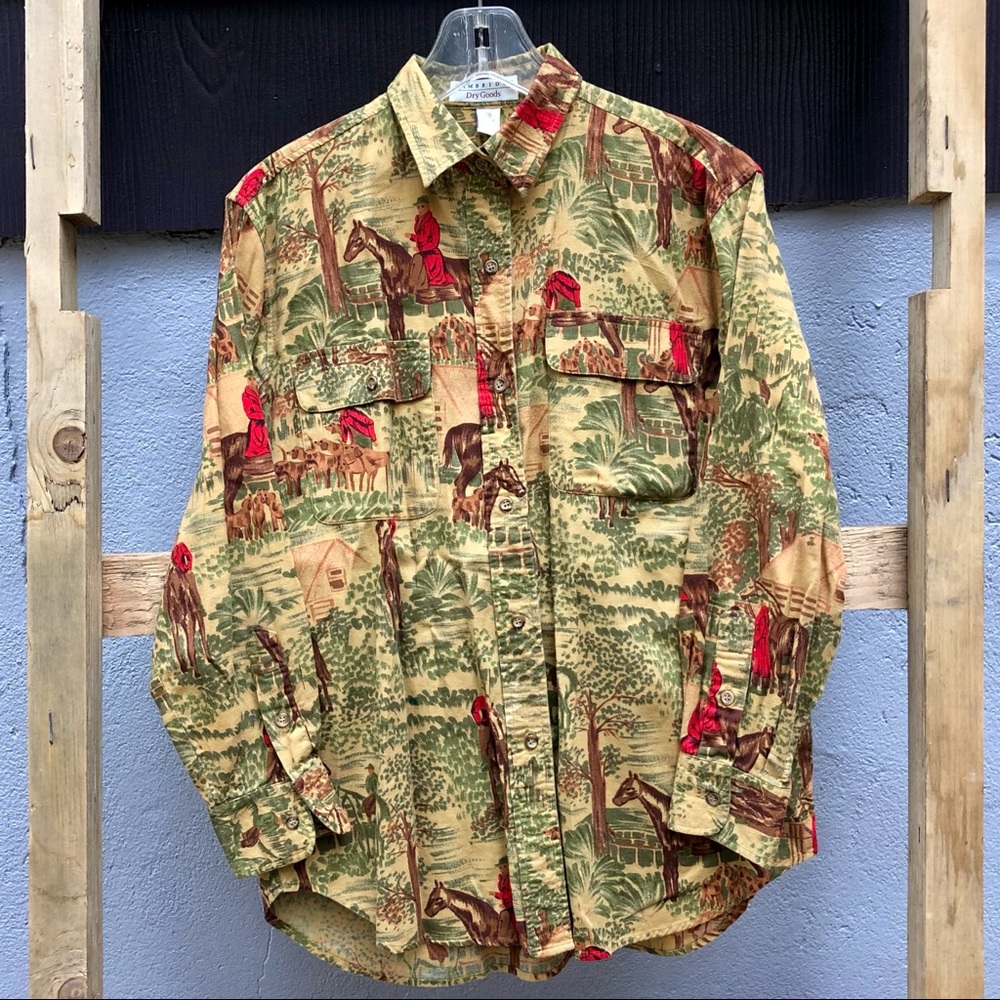 90’s “Cambridge Dry Goods” button up long sleeve top // unique equestrian print